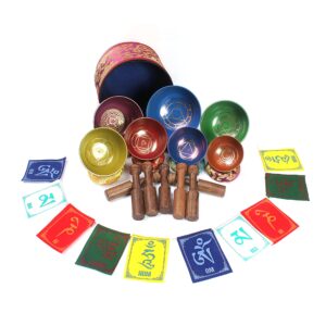 ESK GROUP Tibetan Singing Bowl Set of 7, Chakra Colors Decor Himalayan Singing Bowl w/ engraved Symbols, Handmade, Comes w/ silk cushions, 7 sticks, Flag & Silk Box, ESK-05