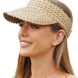 Straw Visors for Women, Visors for Women Wide Brim, Beach Hats for Women Foldable, Hand Woven Sun Hats for Women (Smoky)