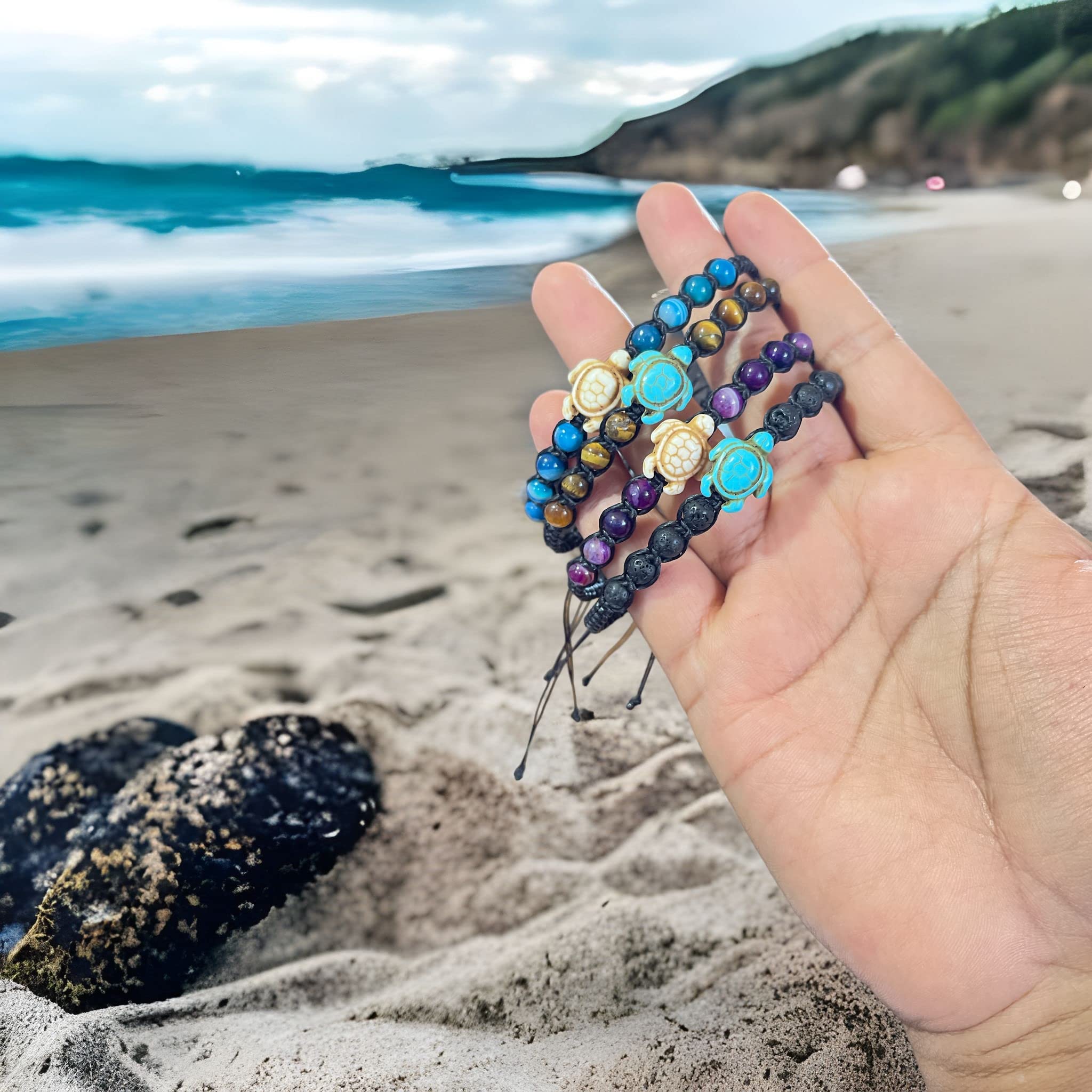 Nove Jewelry Leather Turtle Bracelet 4 Pieces Sea Turtle Beads Ocean Bracelets Natural Stone Turquoise Stretch Bracelet Turtle Beads Turtle Hemp - Friendship Gifts for Women Men Girls