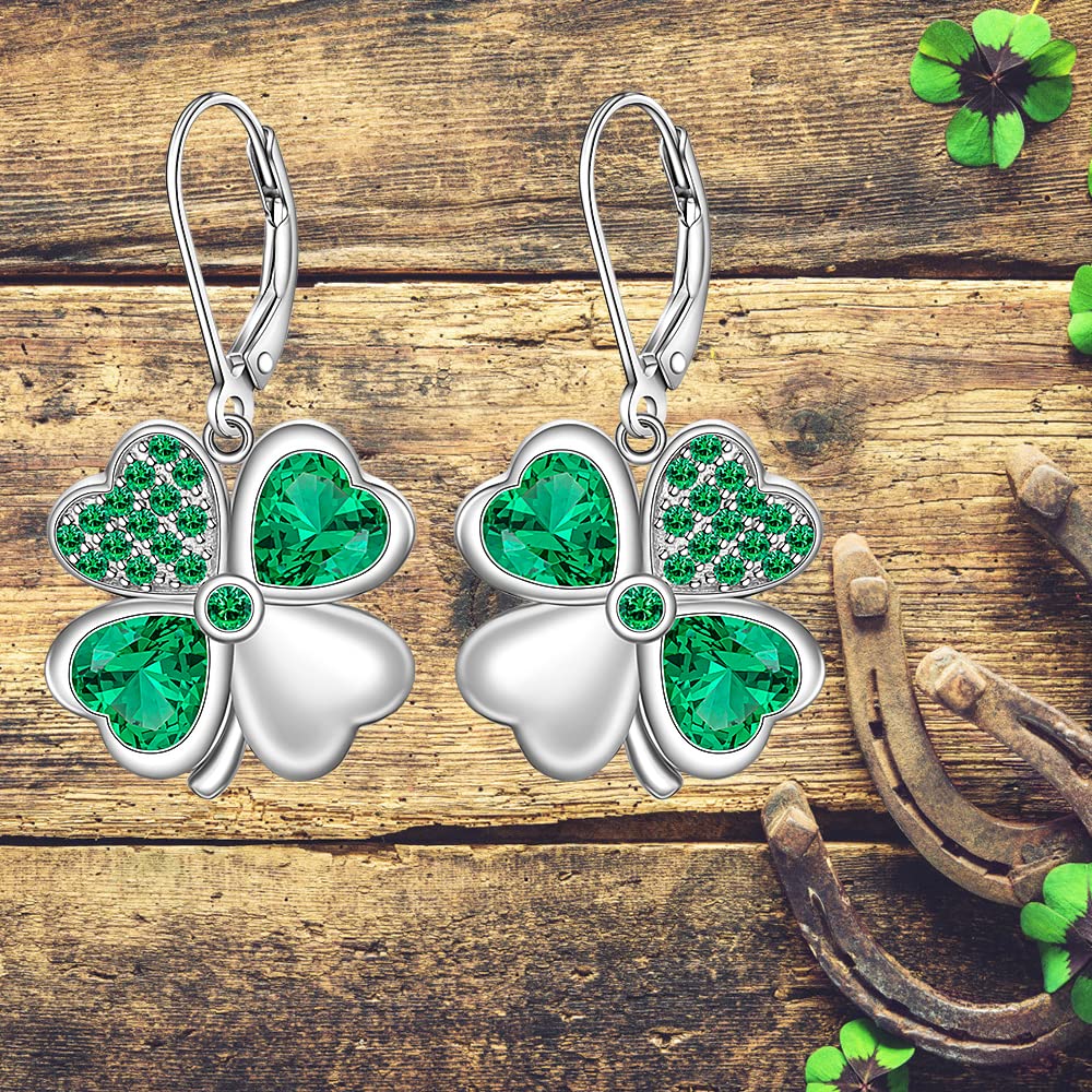 St Patricks Day Shamrock Earrings for Women Sterling Silver Four Leaf Clover Earrings Green Heart Cubic Zirconia Valentine Mothers Day Irish Shamrock Gifts