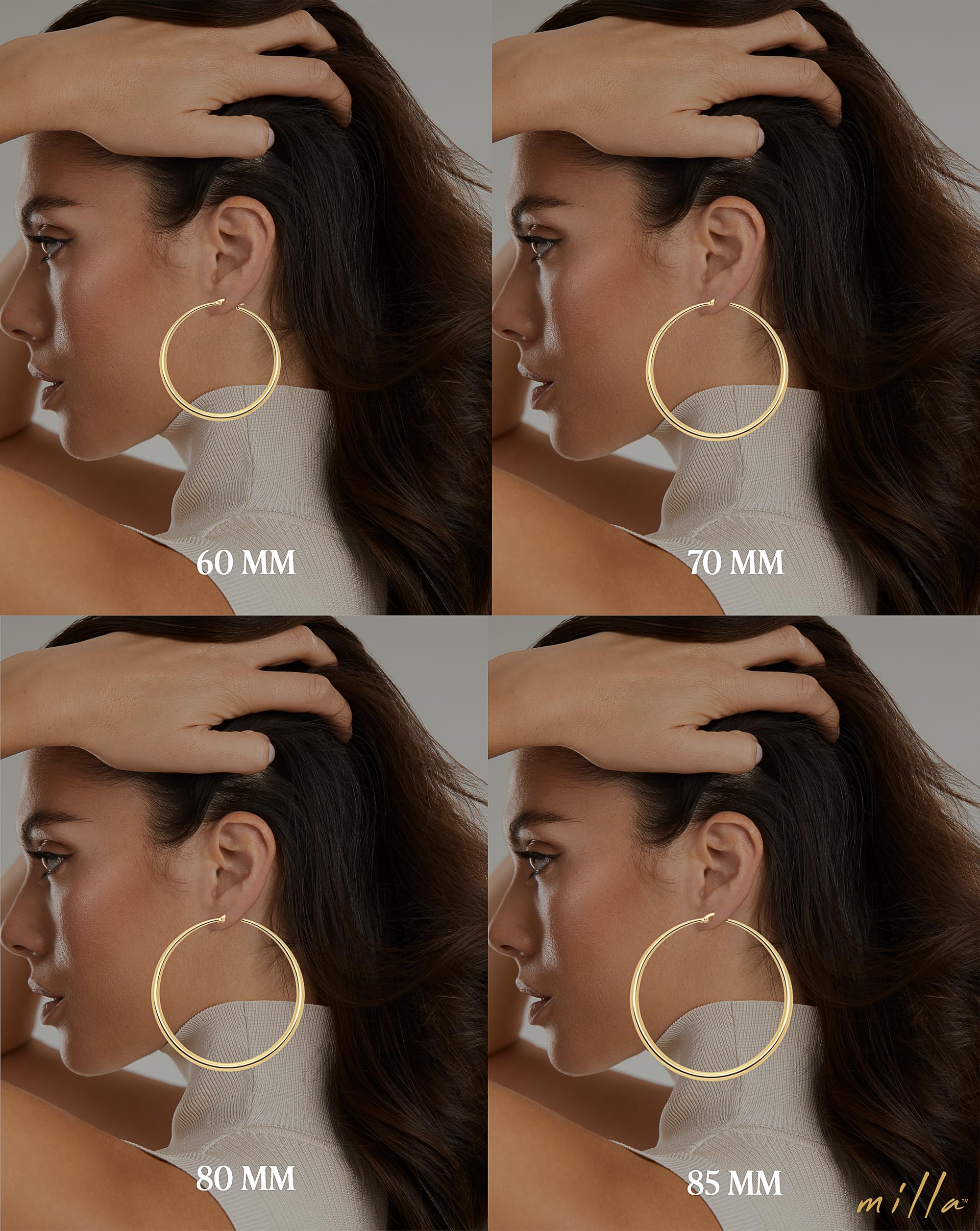 MILLA 14K Gold Hoop Earrings For Women, Silver Hoop Earrings & Rose Gold Earrings with Graduated Curvature (14K Gold Plated/Medium - 2.4 in)