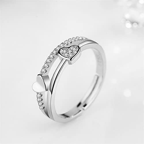 Guoshang Women Double Layered Heart Shape CZ Crystal Ring Rose Gold Silver 2 Colors Simulated Diamond Ring Opening Ring,Silver,1 Pc