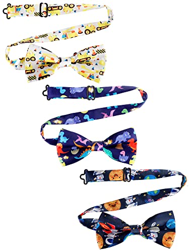 Newcotte 3 Pcs Boy's Bow Ties for Kids Toddler Child Cute Adjustable Costume Pre Tied Bowties for Kids Wedding Birthday Party(Truck, Dinosaur, Spacemen Pattern)