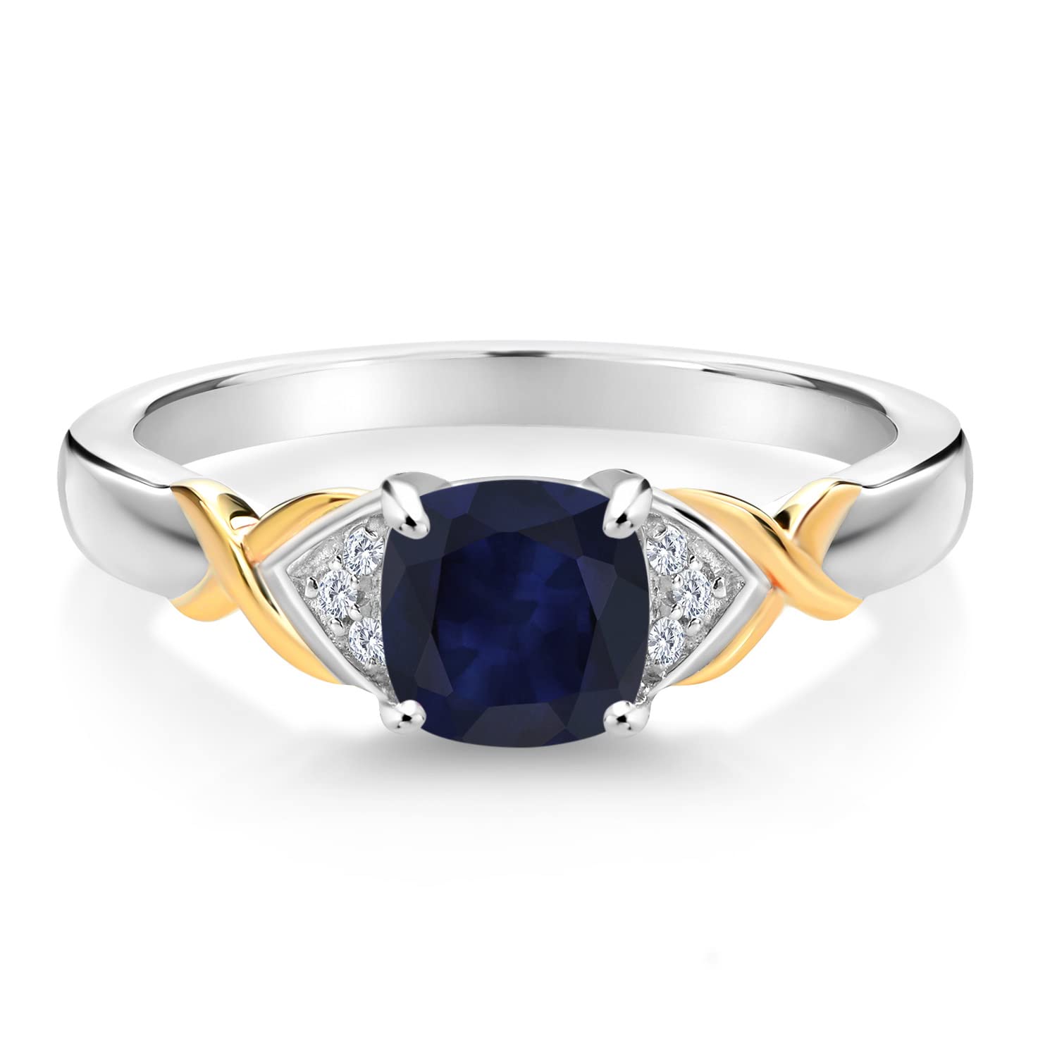 Gem Stone King 925 Sterling Silver and 10K Yellow Gold 2 Tone Blue Sapphire and White Lab Grown Diamond Engagement Ring For Women (1.33 Cttw, Cushion 6MM, Available In Size 5, 6, 7, 8, 9)