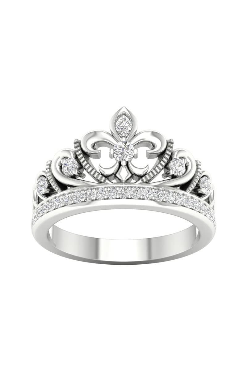 M_and_S Jewels 1/3 CT Round Shape Sparkling White Cubic Zirconia Fleur de lis Crown Women's Wedding Engagement Ring in 14K White Gold Finish 925 Sterling Silver (0.35 Cttw) Ring Size - 9