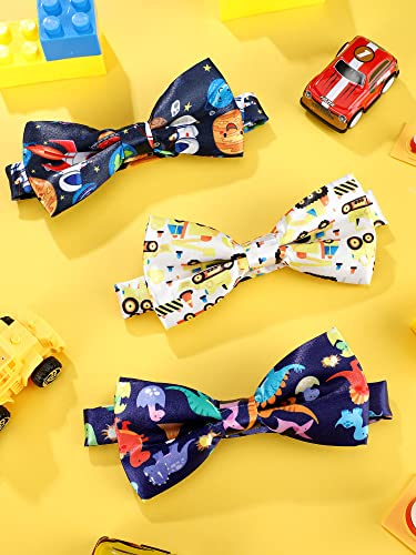 Newcotte 3 Pcs Boy's Bow Ties for Kids Toddler Child Cute Adjustable Costume Pre Tied Bowties for Kids Wedding Birthday Party(Truck, Dinosaur, Spacemen Pattern)