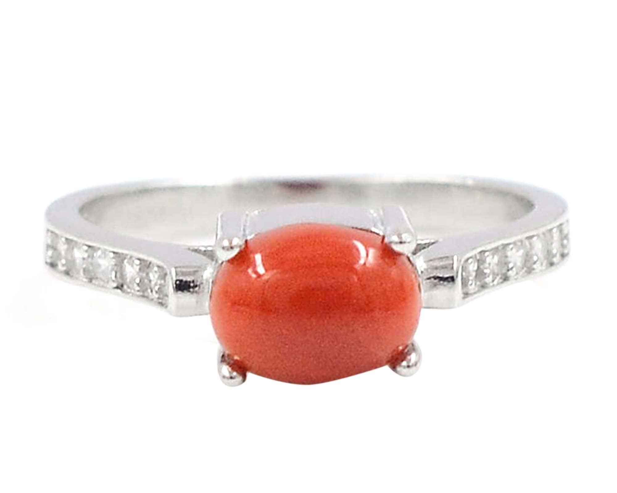 925 Sterling Silver Natural Red Coral 8X6 MM Oval Cut May Birthstone Solitaire Unisex Proposal Ring Engagement Gift For Bridal (Yellow Gold Rhodium Plated Silver, 6.5)