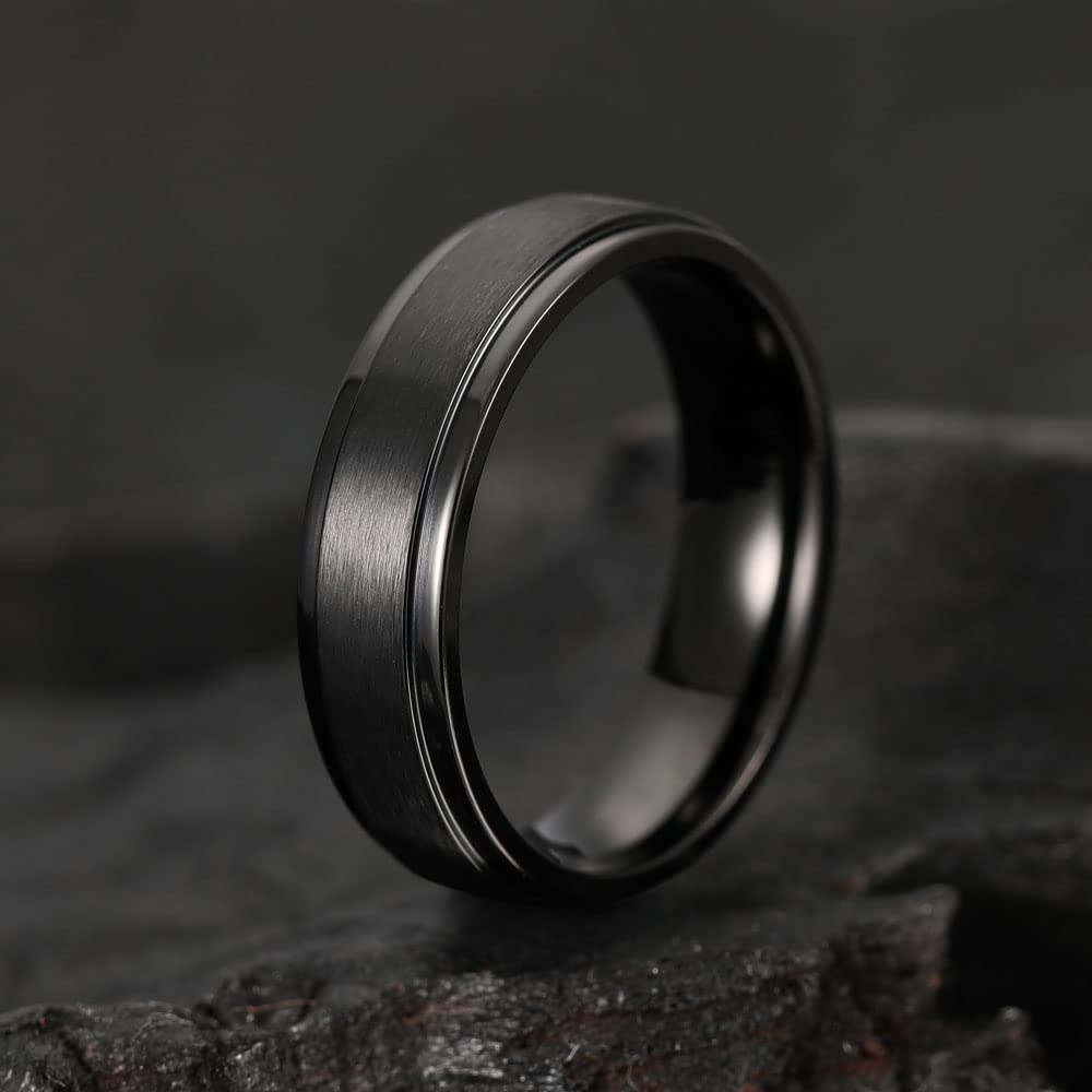 THREE KEYS JEWELRY Womens Rings Unique Black Titanium for Woman Brushed Flat Ring 6mm Wedding Band Gifts Bands Rings for Women size 8.5