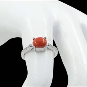 925 Sterling Silver Natural Red Coral 8X6 MM Oval Cut May Birthstone Solitaire Unisex Proposal Ring Engagement Gift For Bridal (Yellow Gold Rhodium Plated Silver, 6.5)