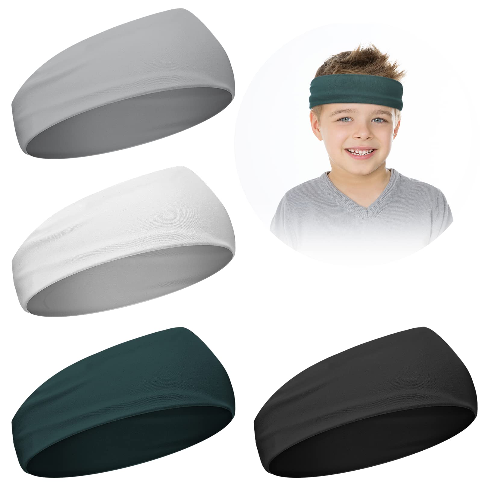 4 Pieces Kids Sports Headbands Athletic Sweatbands Headband Wicking Elastic Hairband for Girls and Boys Toddler Children (Black, White, Dark Green, Light Grey)