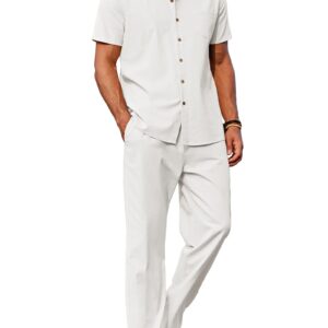 COOFANDY Mens Casual Linen 2 Piece Outfit Set Cotton Beach Pant Guayabera Shirts