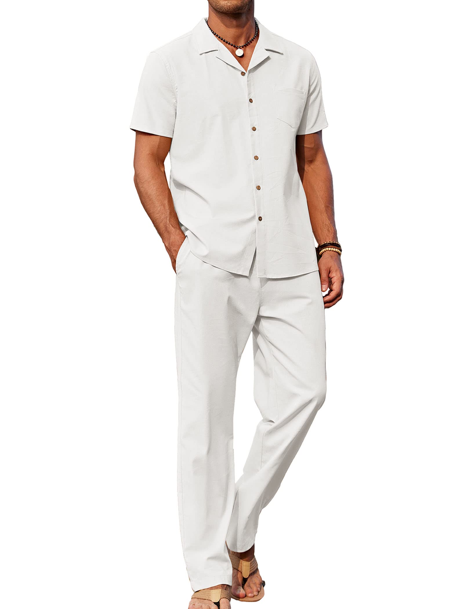 COOFANDY Mens Casual Linen 2 Piece Outfit Set Cotton Beach Pant Guayabera Shirts