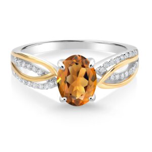 Gem Stone King 925 Sterling Silver and 10K Yellow Gold 8X6MM Oval Gemstone Birthstone and White Lab Grown Diamond Engagement Ring For Women | Available In Size 5, 6, 7, 8, 9