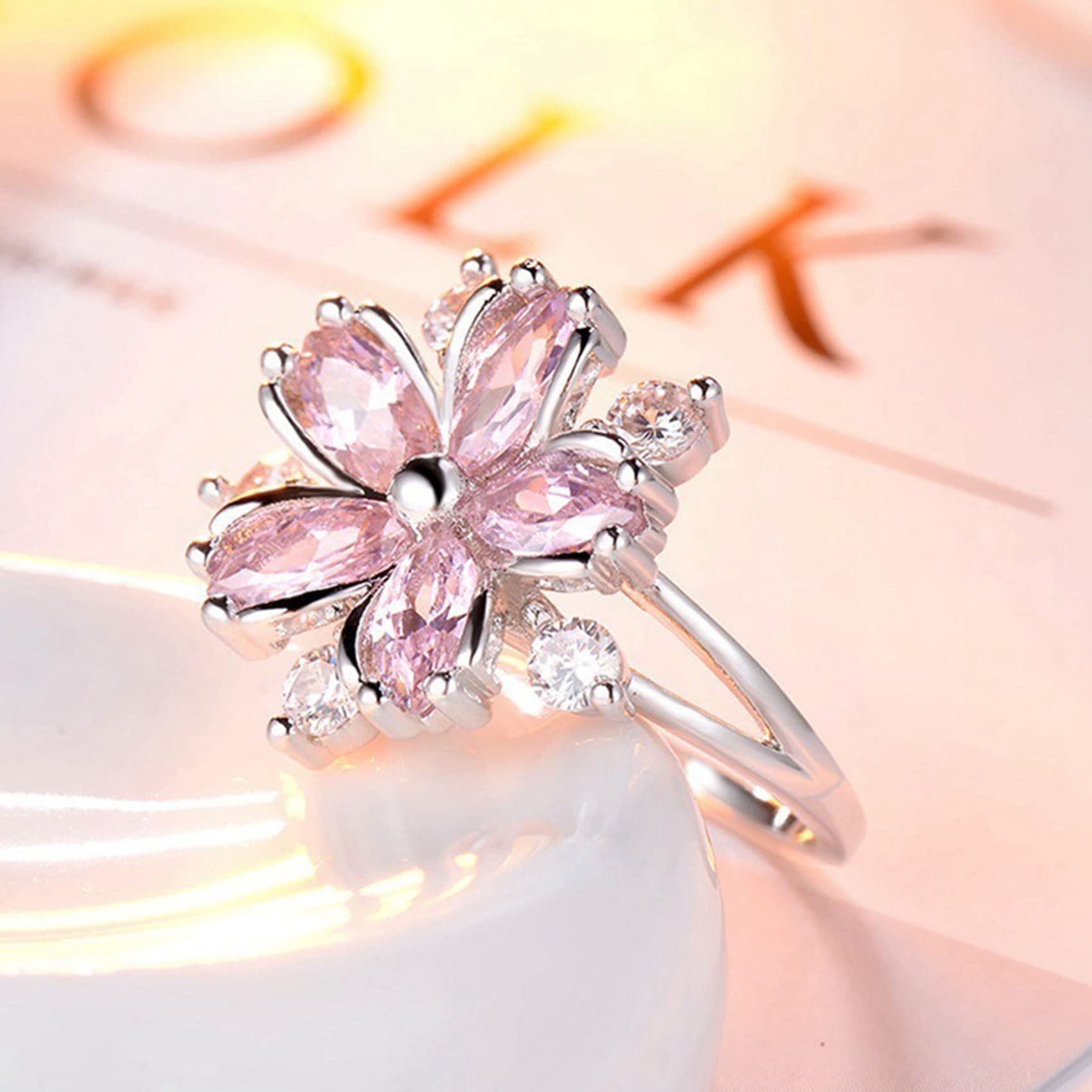 Guoshang Women Pink Crystal Flower Rings Silver CZ Crystal Rings Large Flowers Floral Rings,Pink,#10