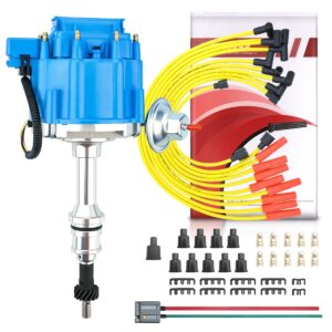 mas hei ignition distributor 65k volt & spark plug wire & free pigtail wiring harness replacement for sbf ford small block 260 289 302 1030213 pe330u（blue racing kit)