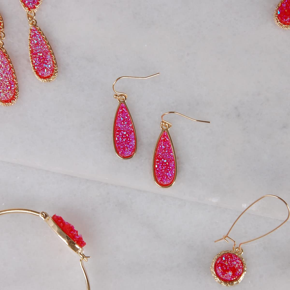 Humble Chic Simulated Druzy Drop Dangles - Sparkly Long Teardrop Dangly Earrings for Women, Gold - Hot Pink Stone