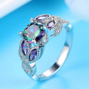 Awmnjtmgpw 925 Sterling Silver Rainbow Topaz Ring Women's Engagement Ring Princess Cut Diamond Ring Colorful Diamond Ring Size 6-10 (Size 7)