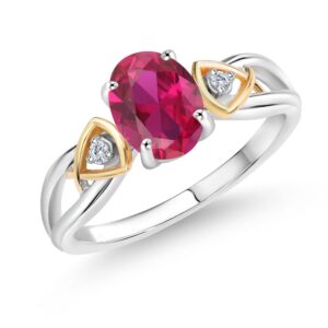 Gem Stone King 2 Tone 925 Sterling Silver and 10K Yellow Gold Red Created Ruby and White Lab Grown Diamond Women Engagement Ring (1.38 Cttw, Available In Size 5, 6, 7, 8, 9)