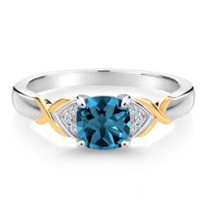 925 Sterling Silver and 10K Yellow Gold London Blue Topaz and White Lab Grown Diamond Engagement Ring For Women (1.21 Cttw, Cushion 6MM, Gemstone Birthstone, Available In Size 5, 6, 7, 8, 9)