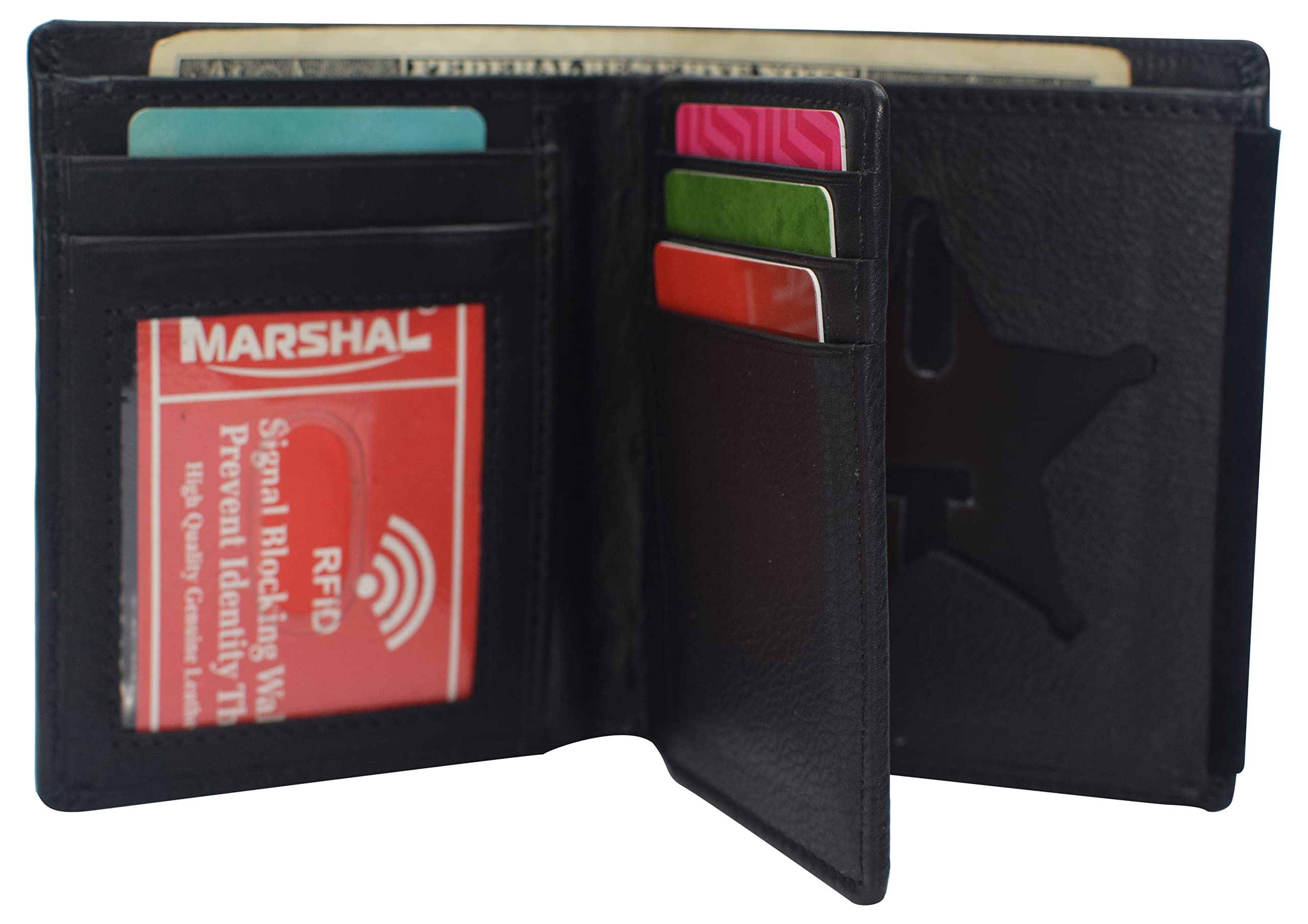 MARSHAL Genuine Leather RFID Blocking Five-point Star Hidden Badge Holder Wallet