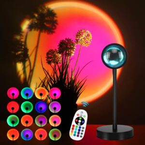 sunset lamp projection, 16 colors sunset lamp multiple colors with remote control, 360 degree rotation led sunset projection lamp night light with fade mode for photography/party/home/decor