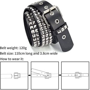 Studded Belt, 3 Row Metal Pyramid Silver Square Beads Punk Leather Belt, Gothic Punk Pants Jeans Belt for Women Men (Black) 110 x 3.8 cm