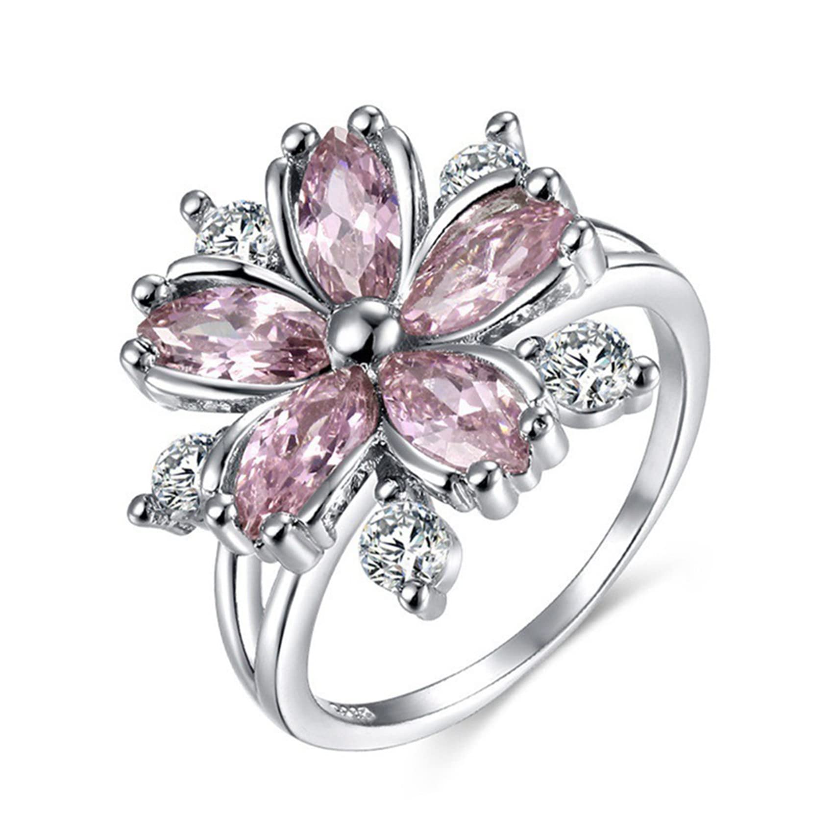 Guoshang Women Pink Crystal Flower Rings Silver CZ Crystal Rings Large Flowers Floral Rings,Pink,#10