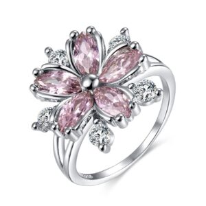 guoshang women pink crystal flower rings silver cz crystal rings large flowers floral rings,pink,#8