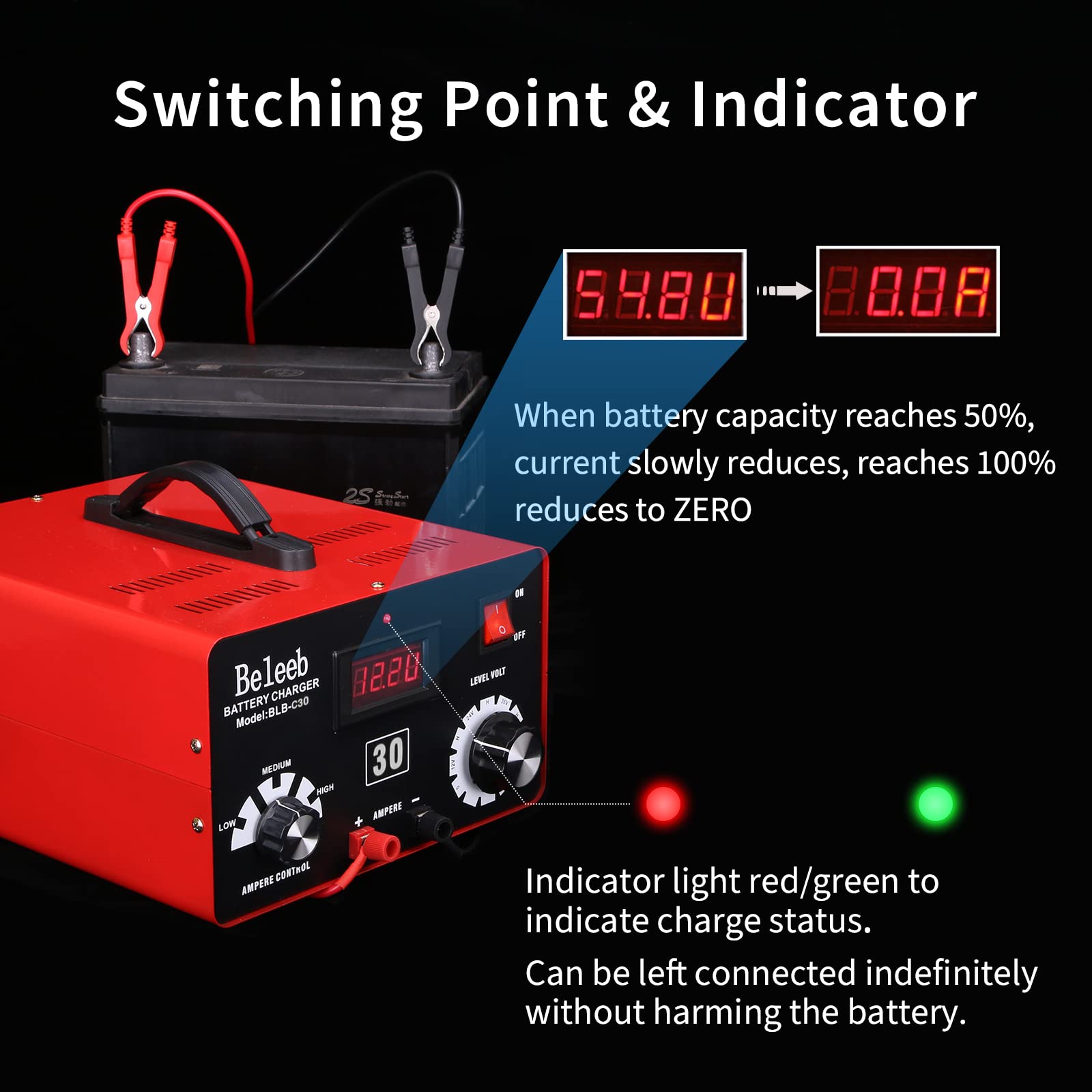 Beleeb Adjustable Battery Charger 12V 24V 36V 48V 60V 72V Smart LCD Display Pulse Repair Desulfator Cable Clamps Automotive Maintainer for Golf Cart Mower Boats, PWCs Truck RV ATV SUV