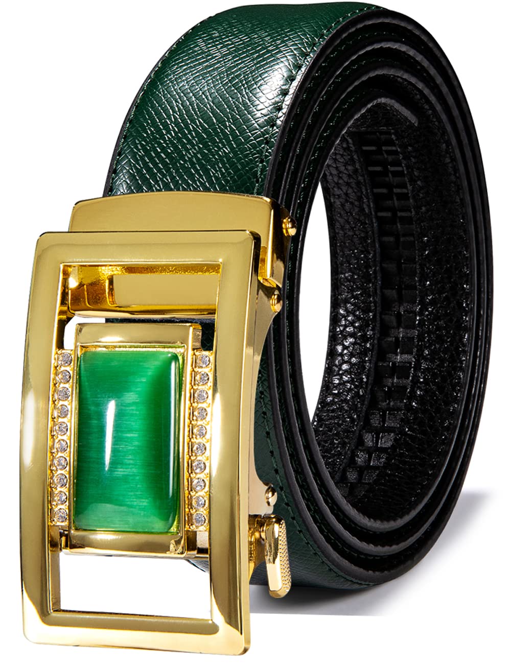 Barry.Wang Mens Green Belt Fashion Emerald Buckle Genuine Leather Ratchet Automatic Belt Luxury Gift St.Patrick's Day