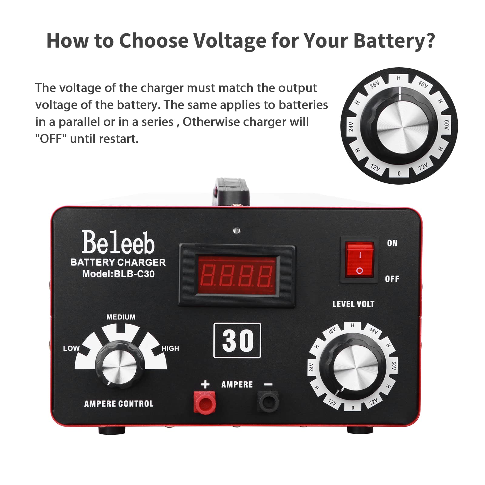 Beleeb Adjustable Battery Charger 12V 24V 36V 48V 60V 72V Smart LCD Display Pulse Repair Desulfator Cable Clamps Automotive Maintainer for Golf Cart Mower Boats, PWCs Truck RV ATV SUV