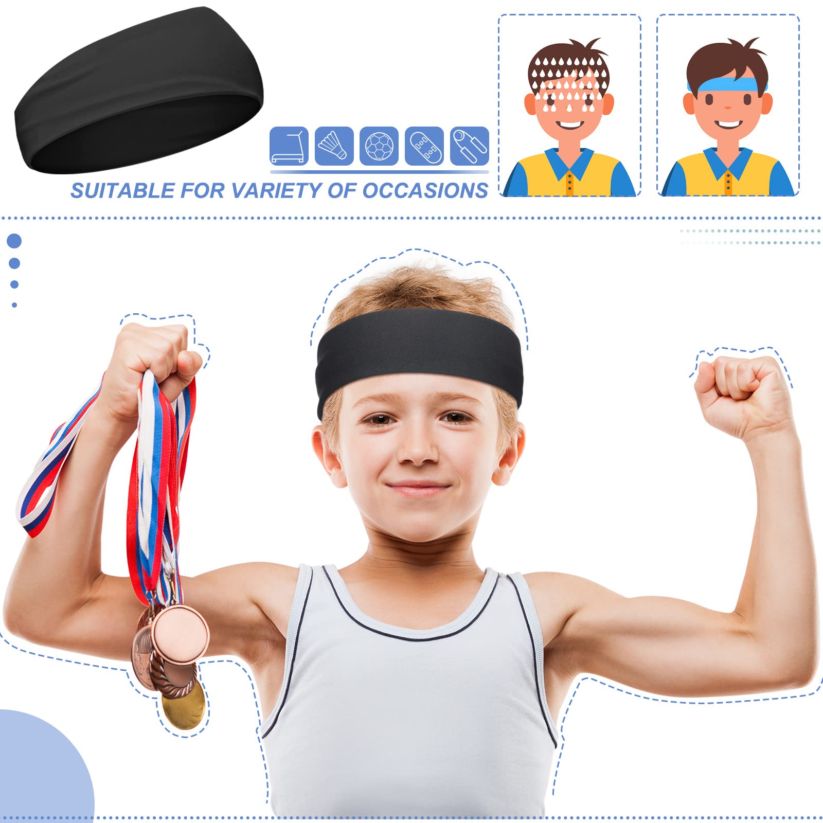 4 Pieces Kids Sports Headbands Athletic Sweatbands Headband Wicking Elastic Hairband for Girls and Boys Toddler Children (Black, White, Dark Green, Light Grey)