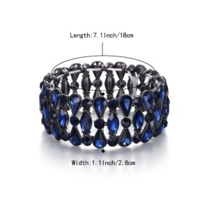 BriLove Wedding Bridal Teardrop Rhinestones Cluster Stretch Bangle Bracelet for Bride Sapphire Color Black-Tone