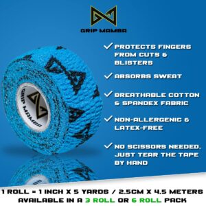 GRIP MAMBA Elastic Athletic Finger Tape, 1”Wide w/Premium Adhesive, Protects Hand Thumb Fingers Enhances Grip, Sleeve Blister Wrap for Sports, Golf, Tennis, Basketball, Pickleball (Blue, 3 Rolls)