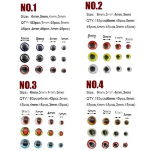 WHYHKJ Fishing Lure Eye 4 Sheets 3D Simulation Fishing Lure Eyes Fish Eyes Fly Tying Materials Artificial Fish DIY Eye Fishing Tackle (3mm 180pcs, 4mm 192pcs, 5mm 180pcs, 6mm 180pcs)