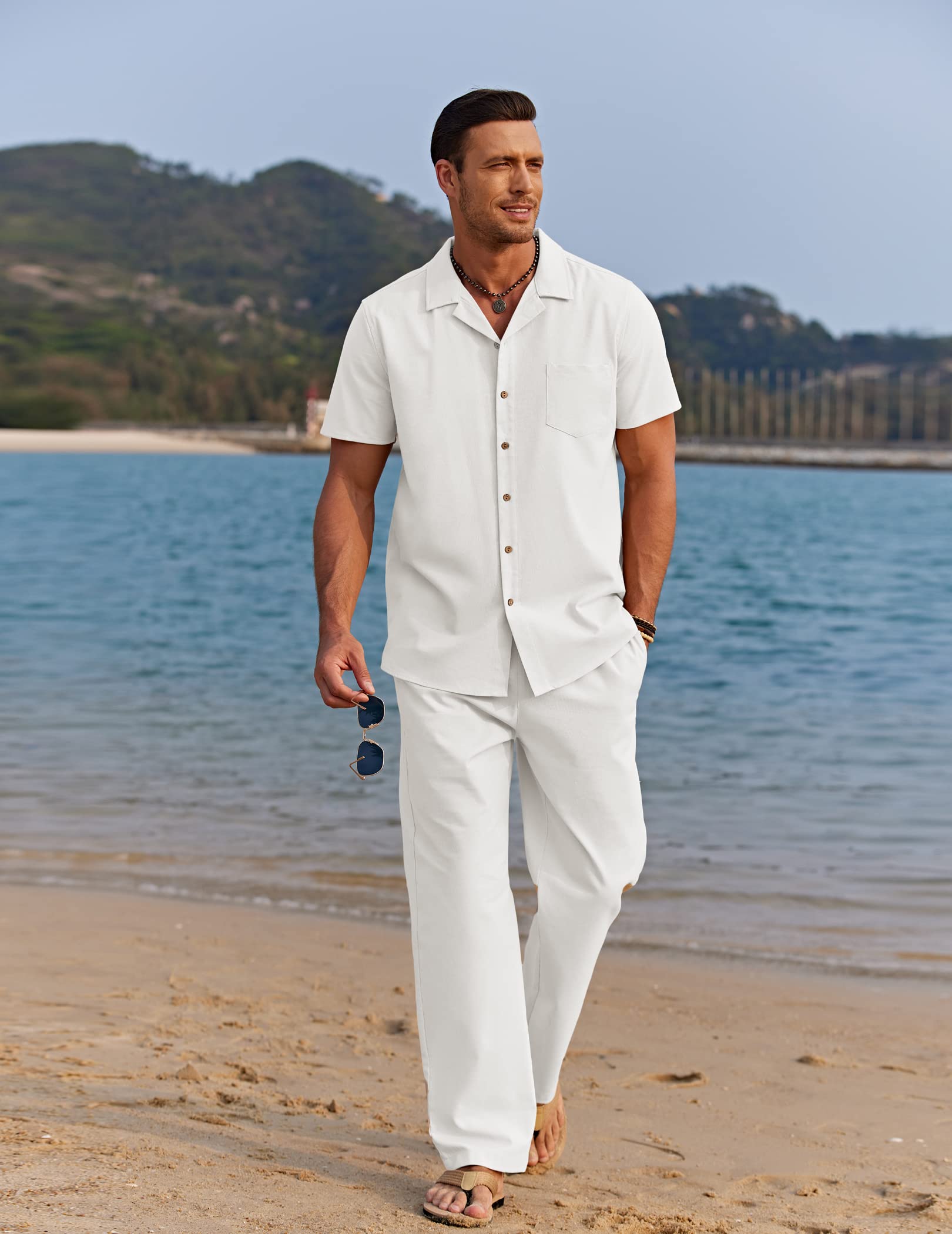 COOFANDY Mens Casual Linen 2 Piece Outfit Set Cotton Beach Pant Guayabera Shirts