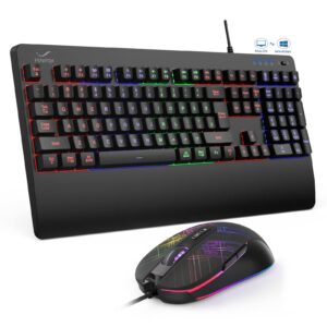 Gaming Keyboard and Mouse - FENIFOX Wired RGB Backlit Keyboard Ergonomic Mechanical Feeling Colorful Led Light Up Keyboard Mouse for PC Windows Mac Gamer PS5 Xbox one