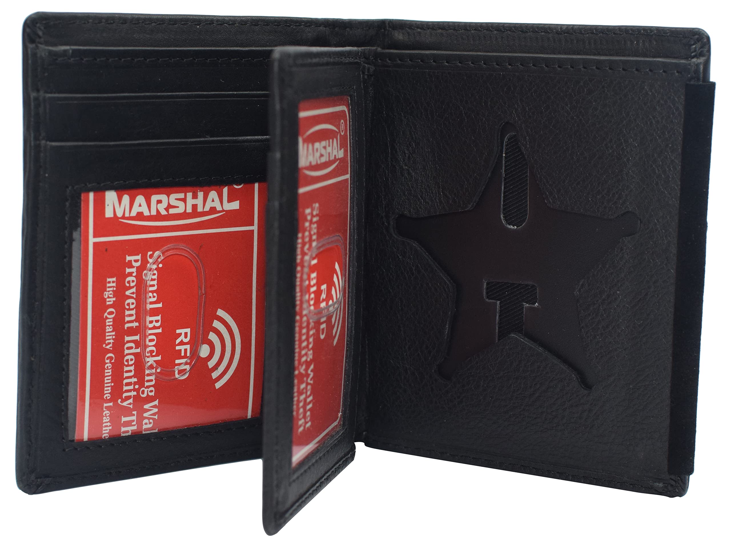 MARSHAL Genuine Leather RFID Blocking Five-point Star Hidden Badge Holder Wallet