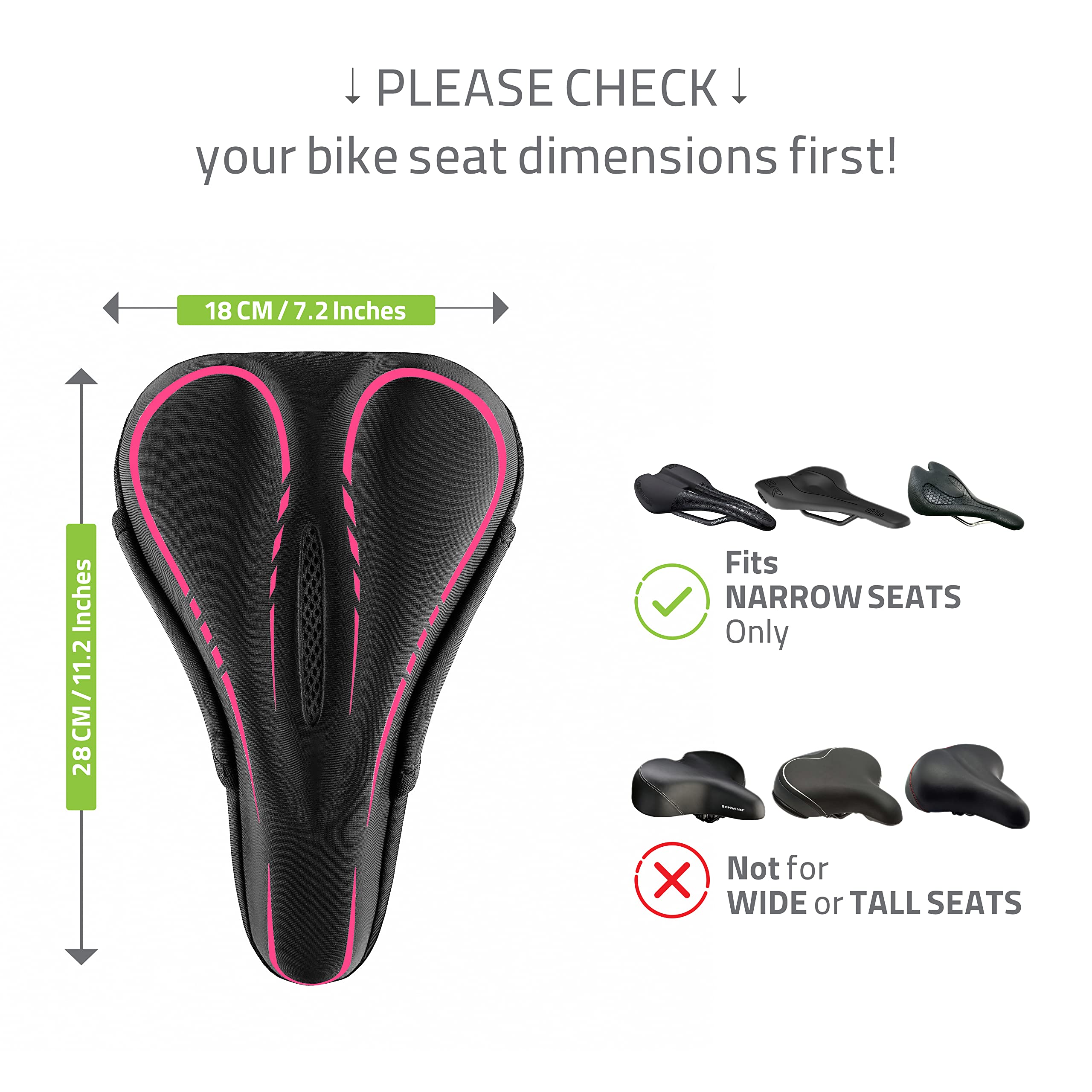 RONUX Narrow Bike Seat Cushion-Extra Soft Comfy Bicycle Seat Cover-Memory Foam & Gel-Compatible with Peloton, Stationary, Exercise, Electric, Road & Mountain Bikes-Cycling Accessories-Women,Men(Pink)