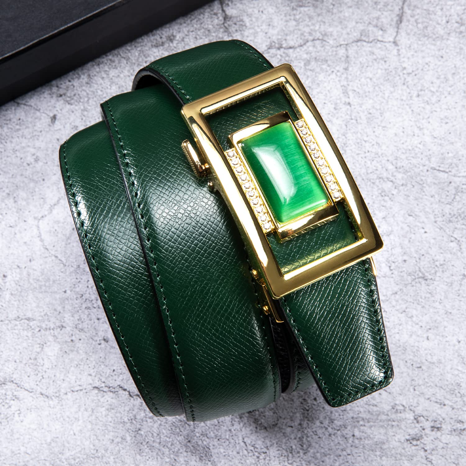 Barry.Wang Mens Green Belt Fashion Emerald Buckle Genuine Leather Ratchet Automatic Belt Luxury Gift St.Patrick's Day