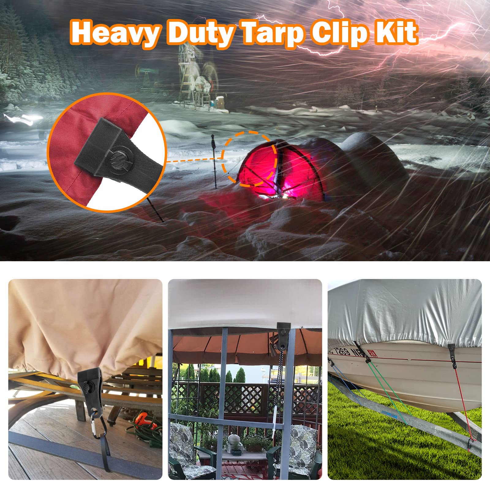 Upgrade Large Tarp Clips Heavy Duty Lock Grip -Total 24 PCs Tarp Clamps Thumb Screw Tent Fasteners Clips with Carabiner for Camping Awnings Caravan Canopies Car Truck Swimming Pool Boat Cover Clips