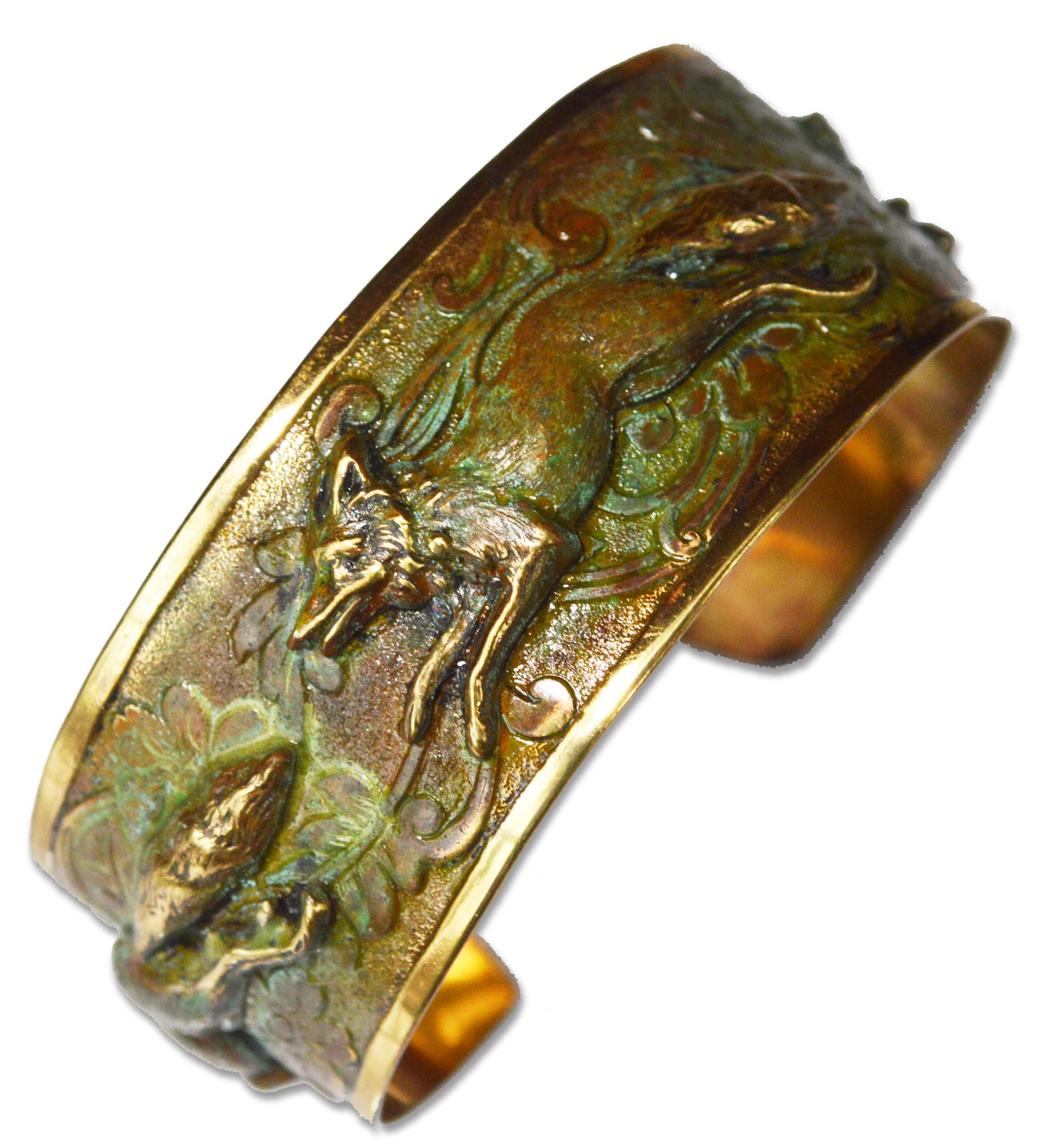 Elaine Coyne Collectible Artwear Olive Patina Solid Brass Fox Cuff