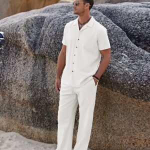 COOFANDY Mens Casual Linen 2 Piece Outfit Set Cotton Beach Pant Guayabera Shirts