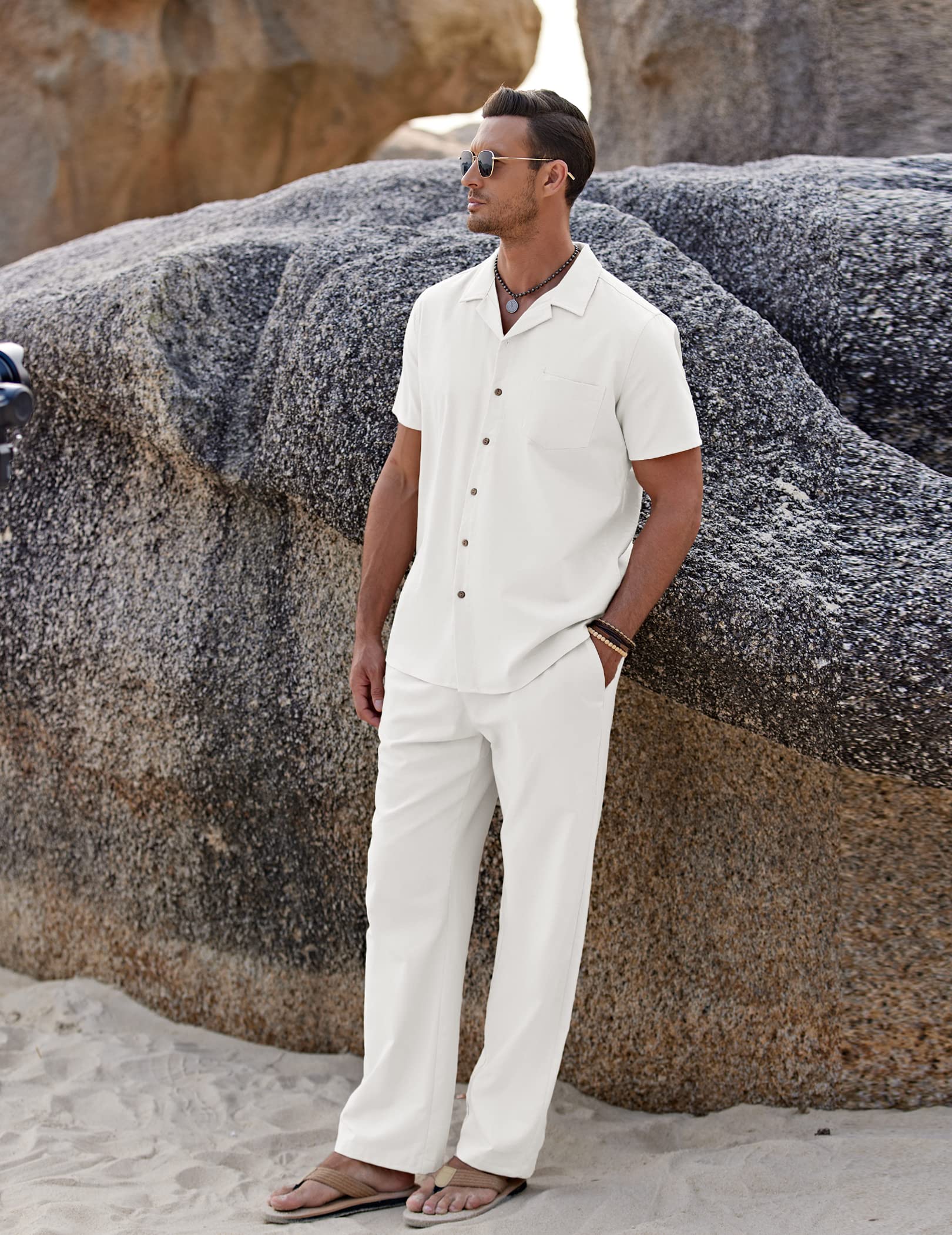 COOFANDY Mens Casual Linen 2 Piece Outfit Set Cotton Beach Pant Guayabera Shirts