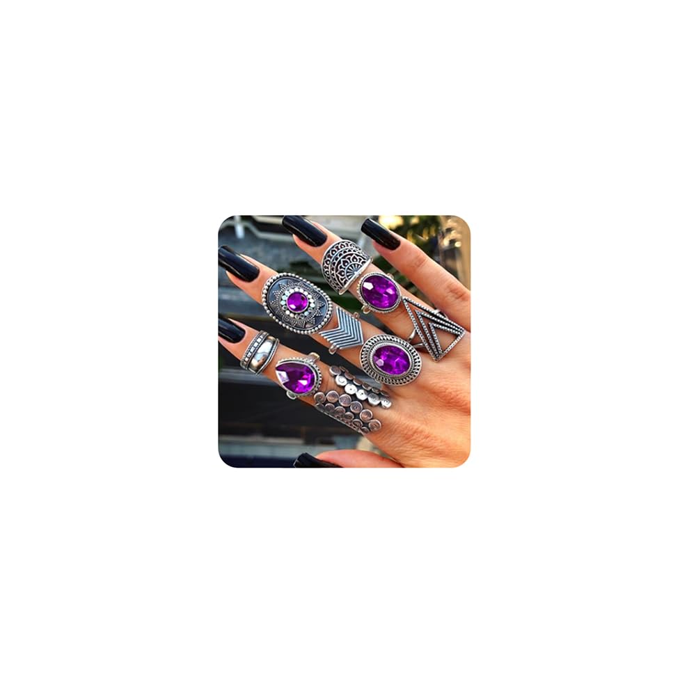 Octwine Statement Purple Crystal Rings Silver Knuckle Rings Queen Rings Jewelry Accessory for Women (9 pcs)