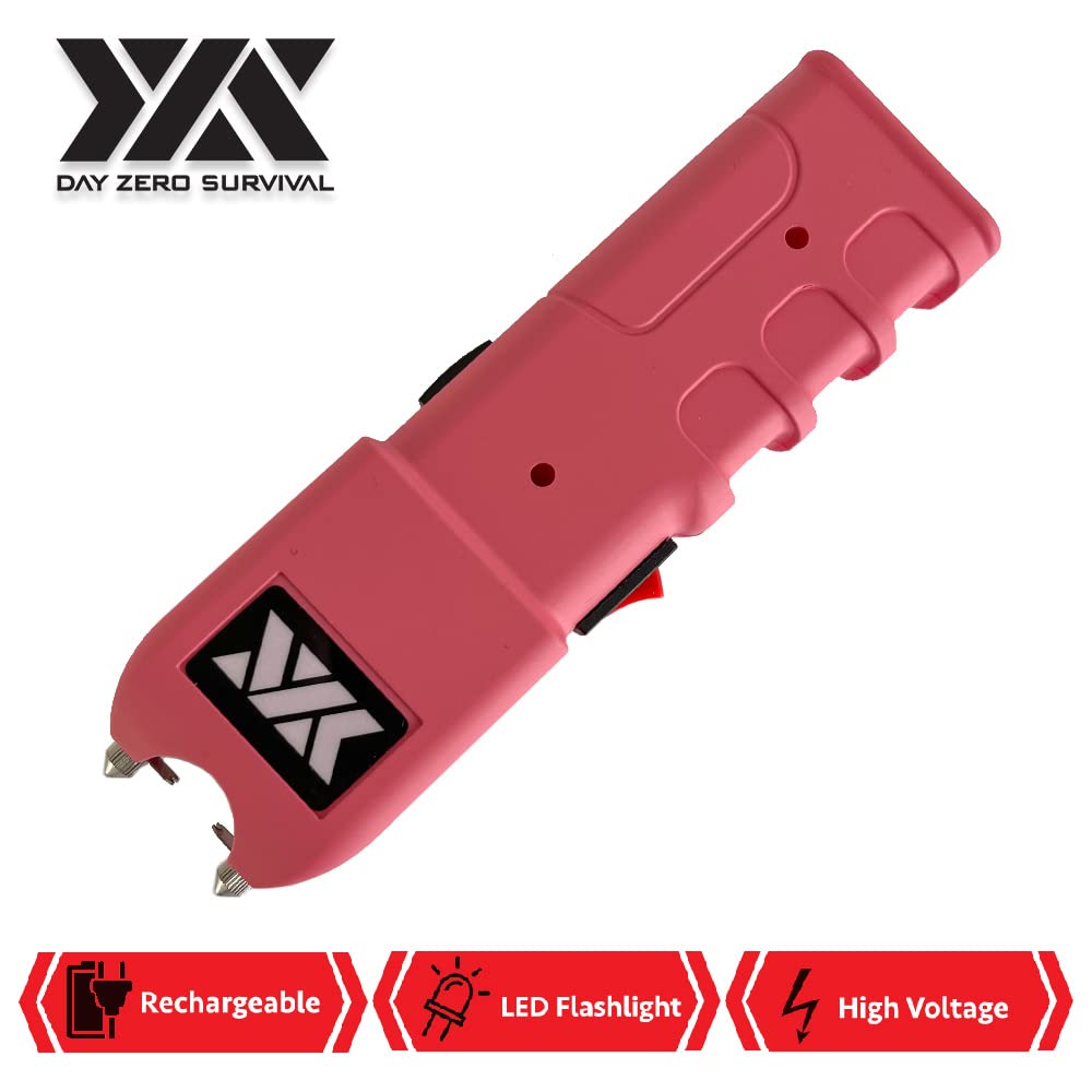 Day Zero Survival Pink Women Self Defense Stun Gun Heavy Duty 100 Billion Volt Rechargeable with LED Flashlight