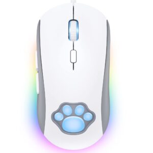 PHNIXGAM Cat Paw RGB Gaming Mouse, Silent Optical Computer Mice USB Wired with 6 Adjustable DPI Up to 7200, RGB Lighting, 6 Programmable Buttons for Windows/Vista/Linux (White)