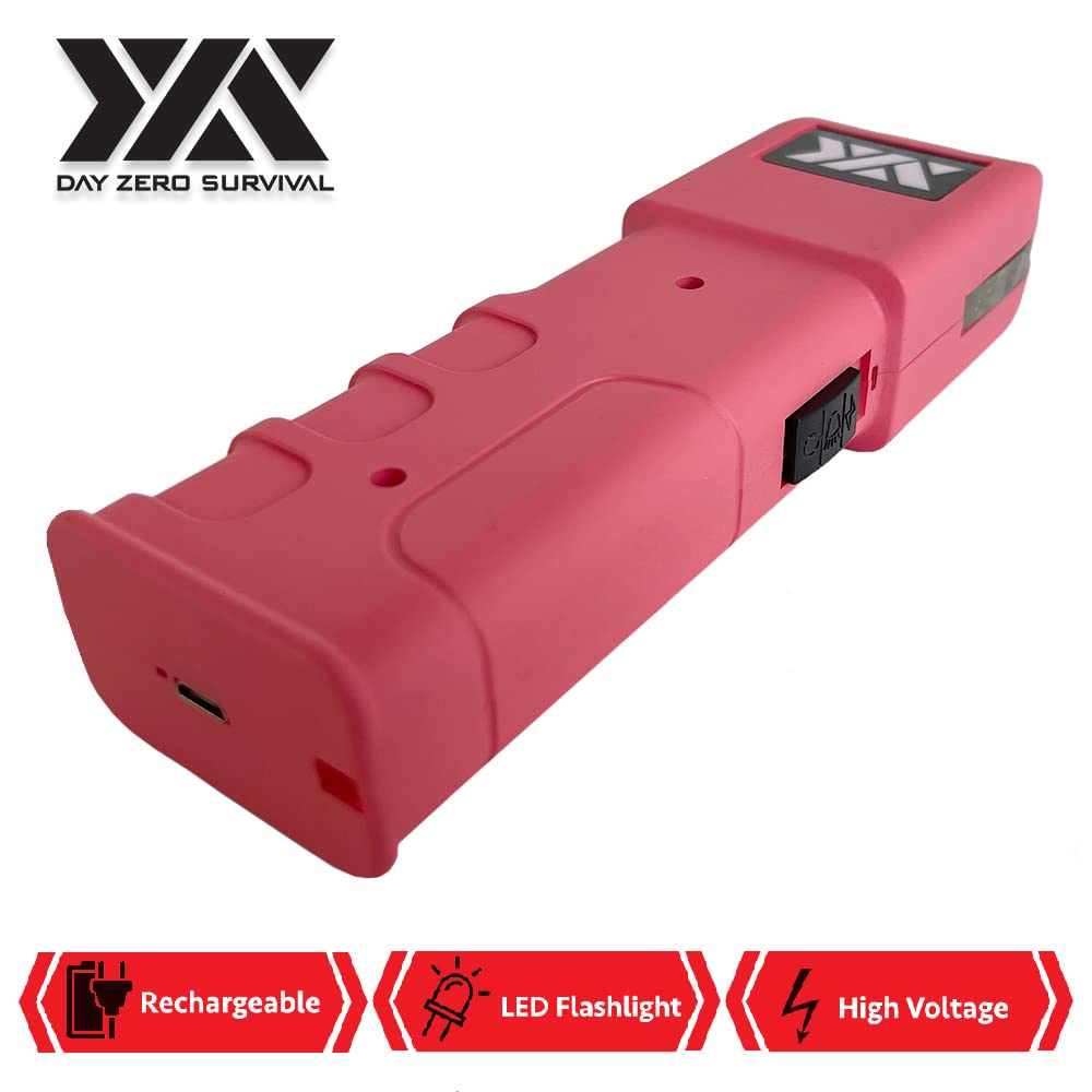 Day Zero Survival Pink Women Self Defense Stun Gun Heavy Duty 100 Billion Volt Rechargeable with LED Flashlight