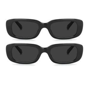 Teumire Retro Rectangle Sunglasses for Women Men Small Square Frame Sun Glasses 2 Pack (Black/Black + Black/Black)