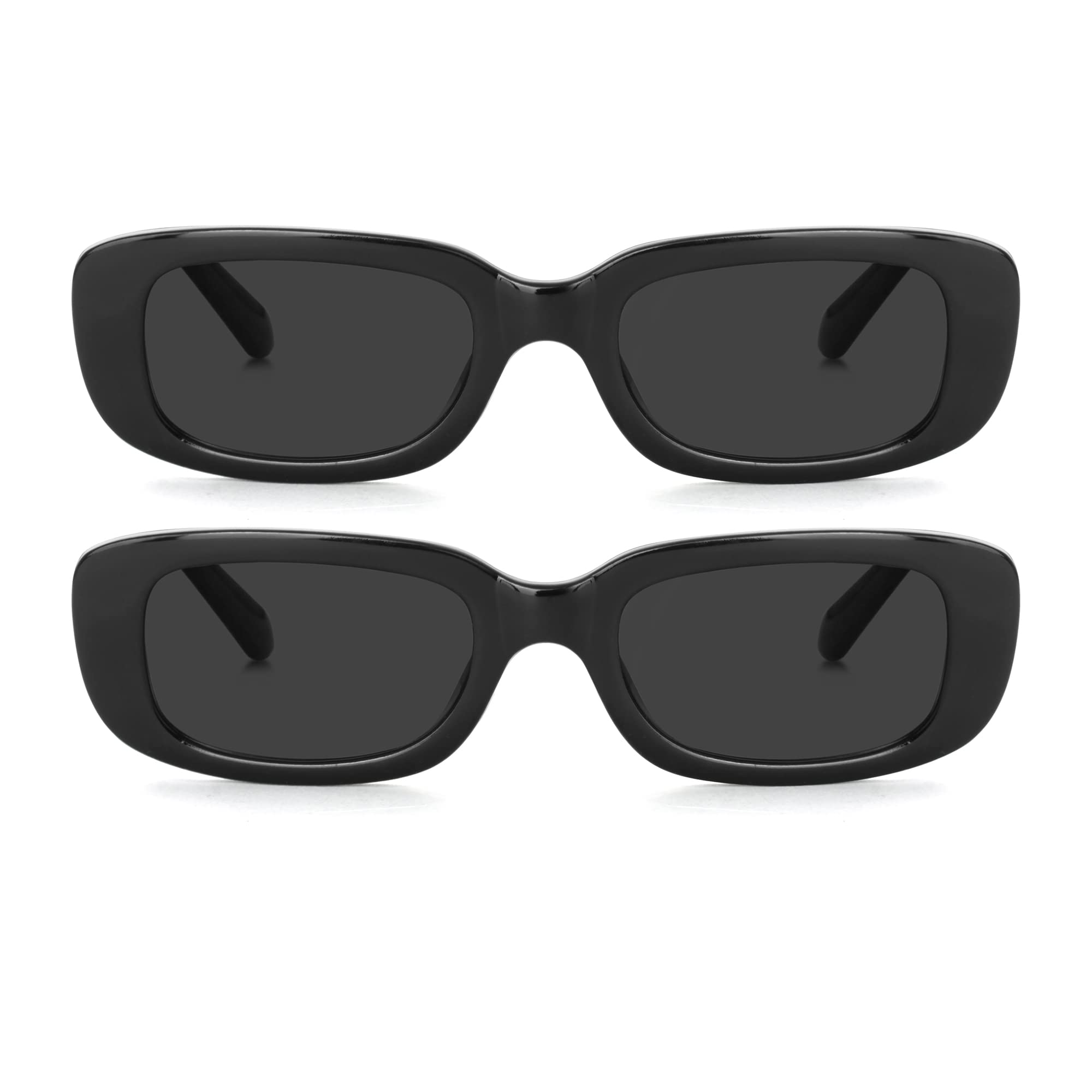 Teumire Retro Rectangle Sunglasses for Women Men Small Square Frame Sun Glasses 2 Pack (Black/Black + Black/Black)